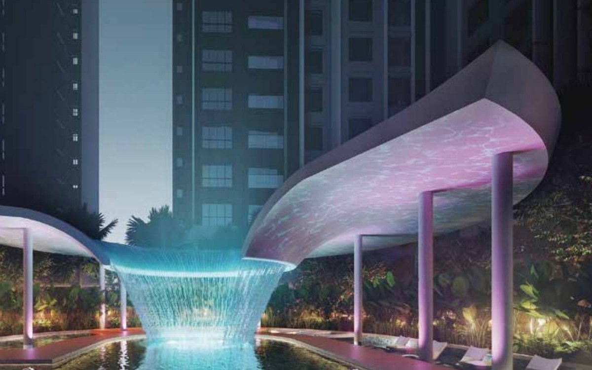 The Rainforest Canopy waterfall at Rainfora Residences at night
