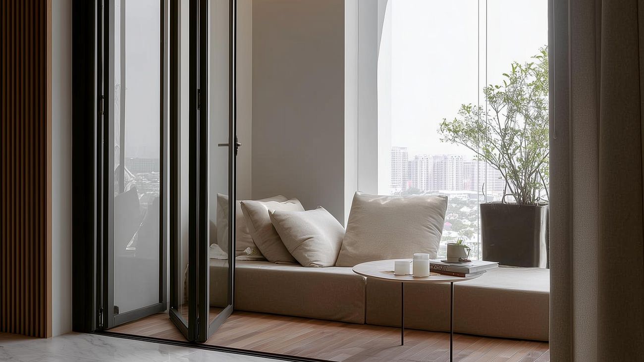 Lanai-inspired living space with full-height glazing