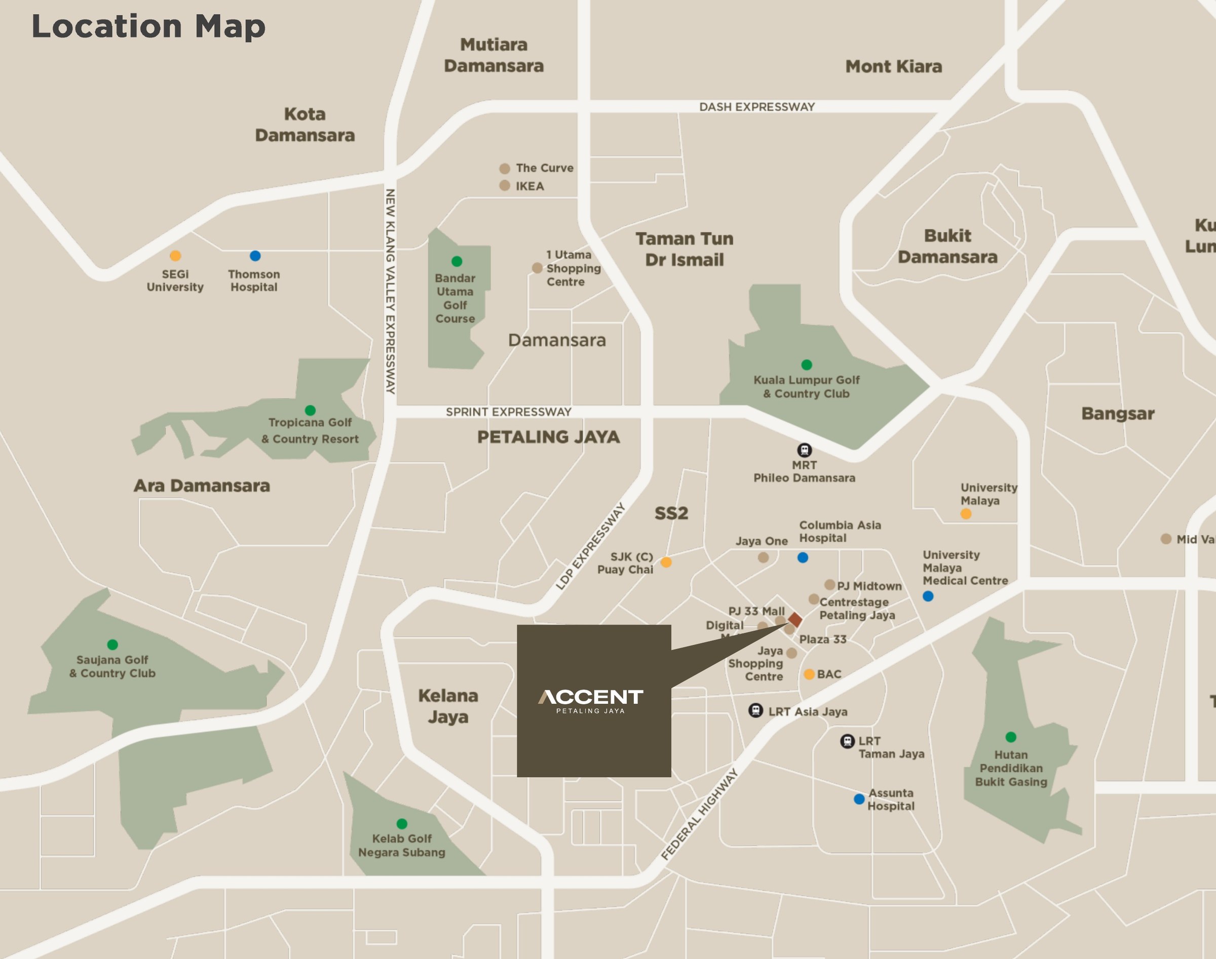 Accent Petaling Jaya location map showing surrounding amenities