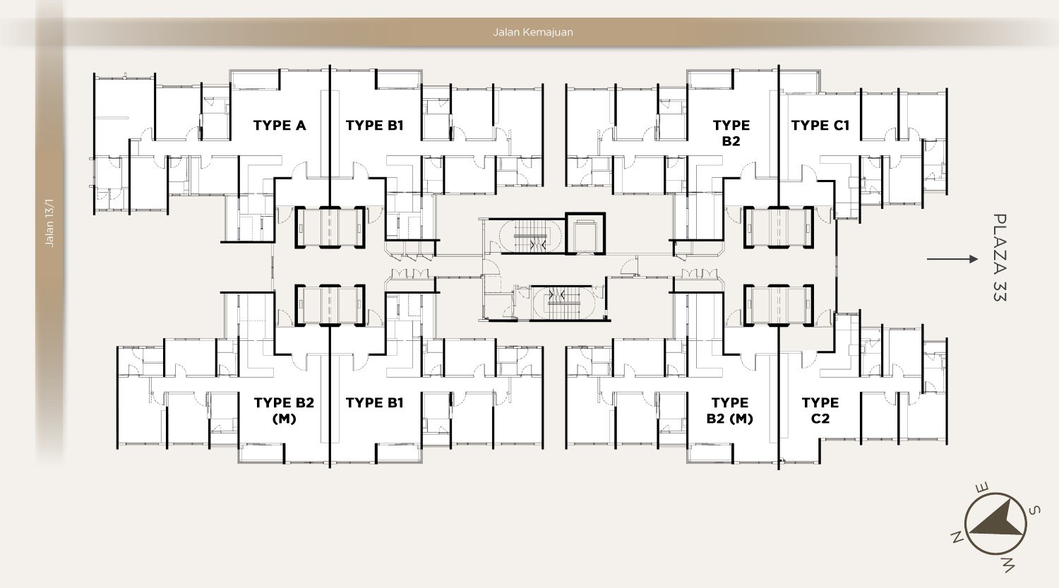 Accent Petaling Jaya typical floor plate showing Type A, B1, B2, C1 and C2 unit positions