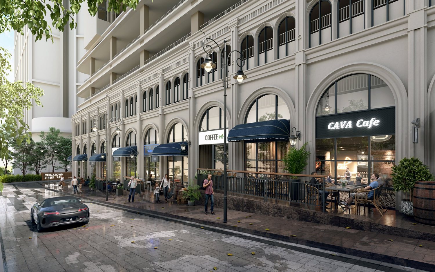 Colonial-style retail street with arched shopfronts and cafes at The Aldenz Damansara Perdana, artist's impression