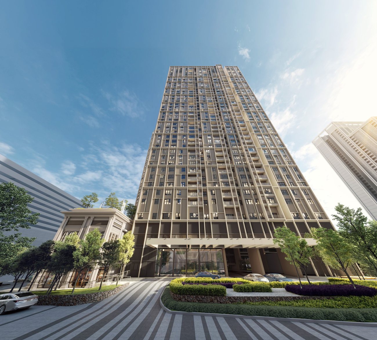 The Aldenz Damansara Perdana tower facade seen from the retail street, artist's impression