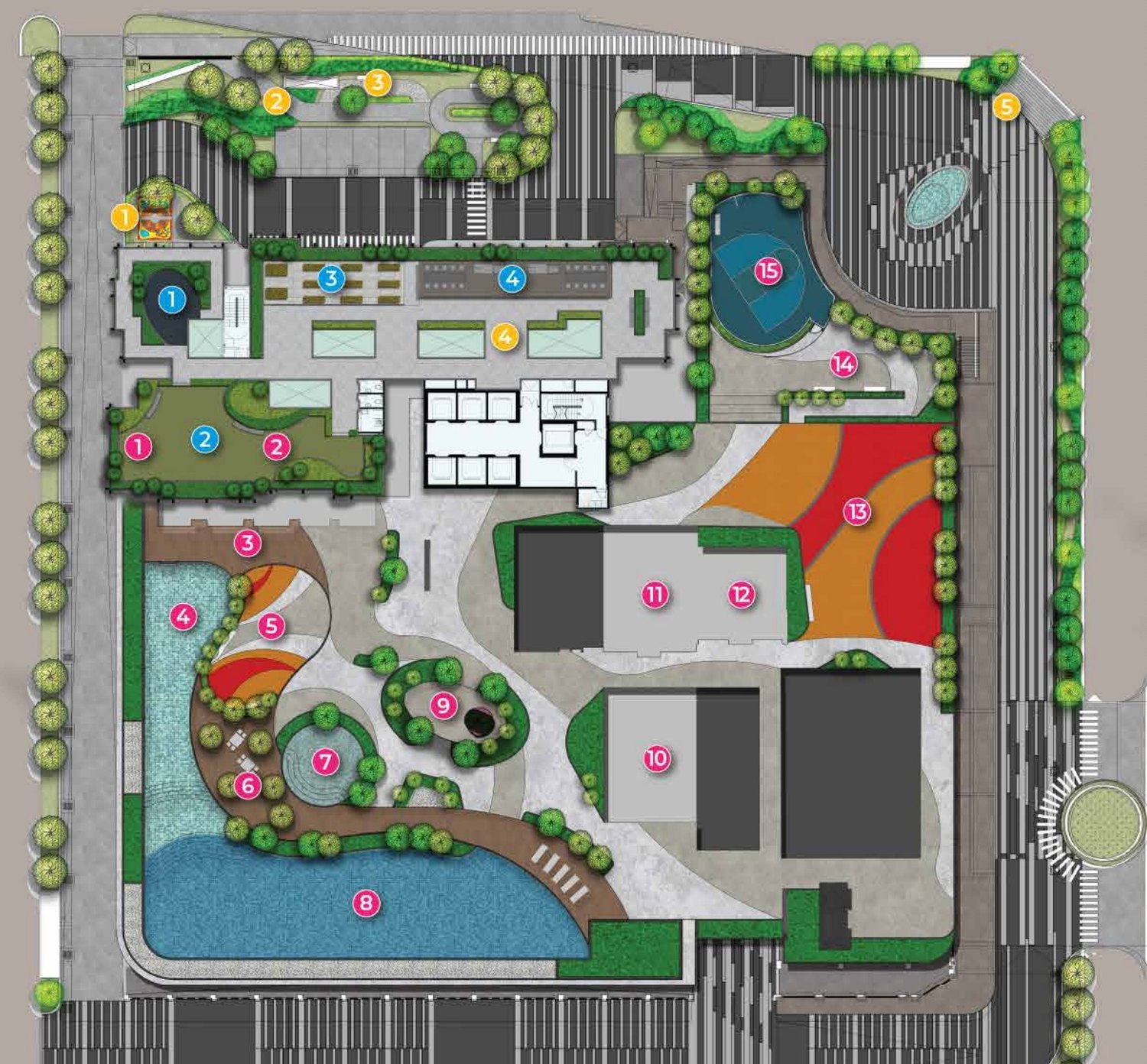 The Aldenz Damansara Perdana facilities plan showing the Aldenz Oasis pool, Games Coliseum and podium deck layout