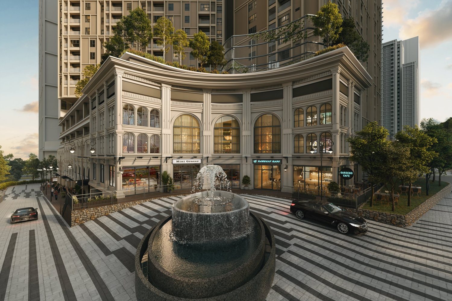 Fountain court and retail drop-off at The Aldenz Damansara Perdana, artist's impression