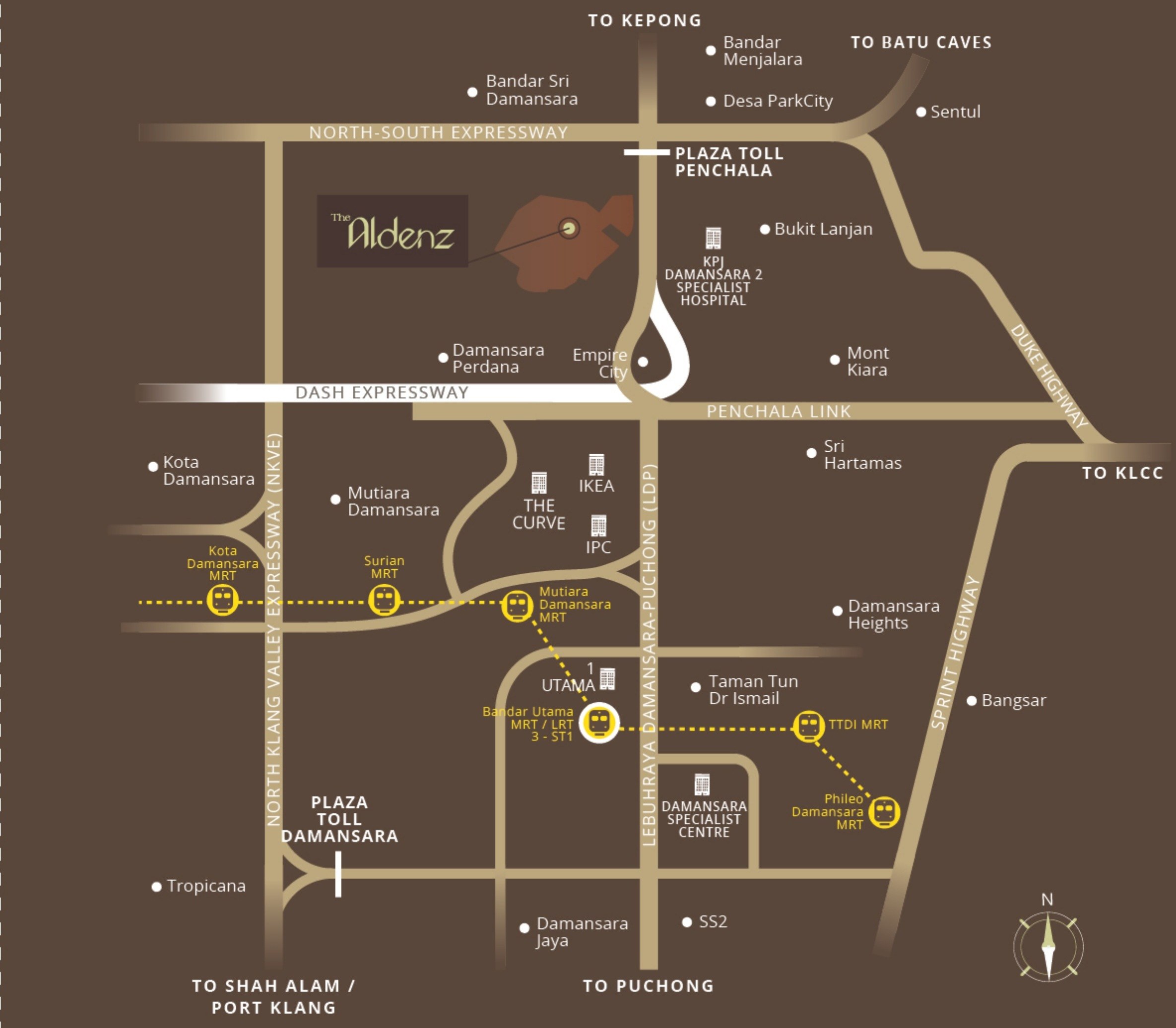 The Aldenz accessibility map showing Sprint, LDP, DASH, Penchala Link and the surrounding Damansara neighbourhoods