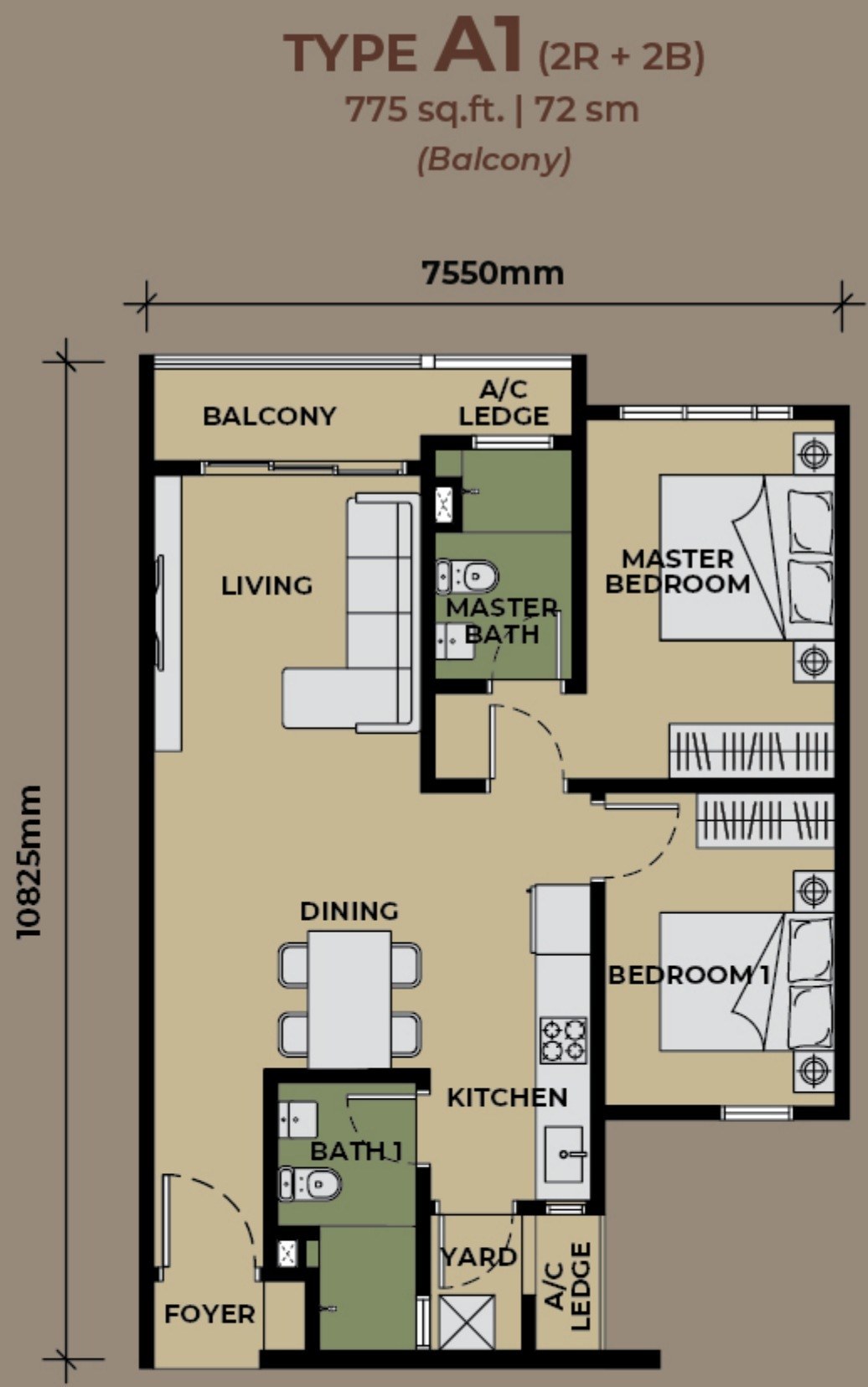 The Aldenz Damansara Perdana Type A1 775 sqft floor plan, 2 bedrooms 2 bathrooms with balcony