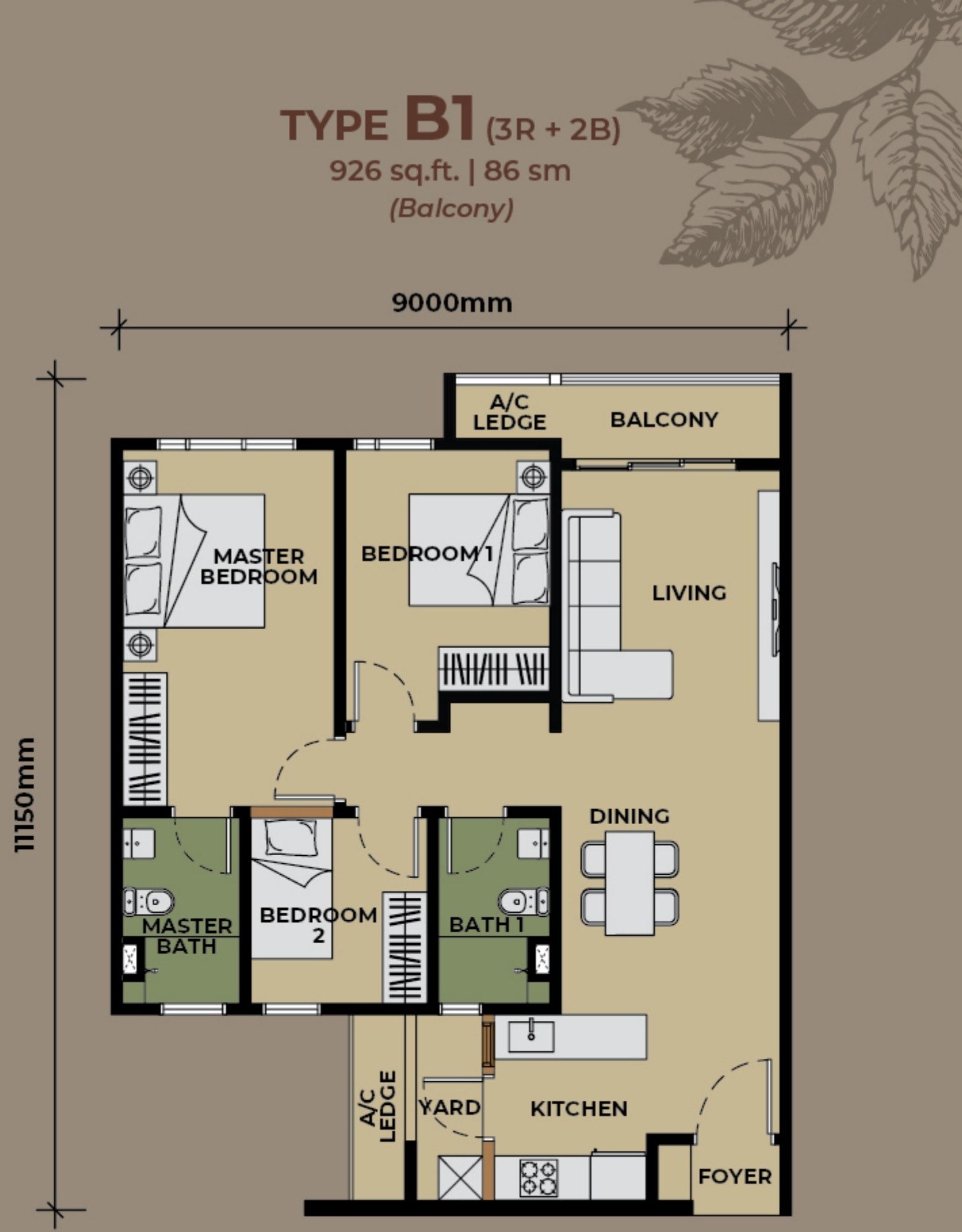 The Aldenz Damansara Perdana Type B1 926 sqft floor plan, 3 bedrooms 2 bathrooms with balcony