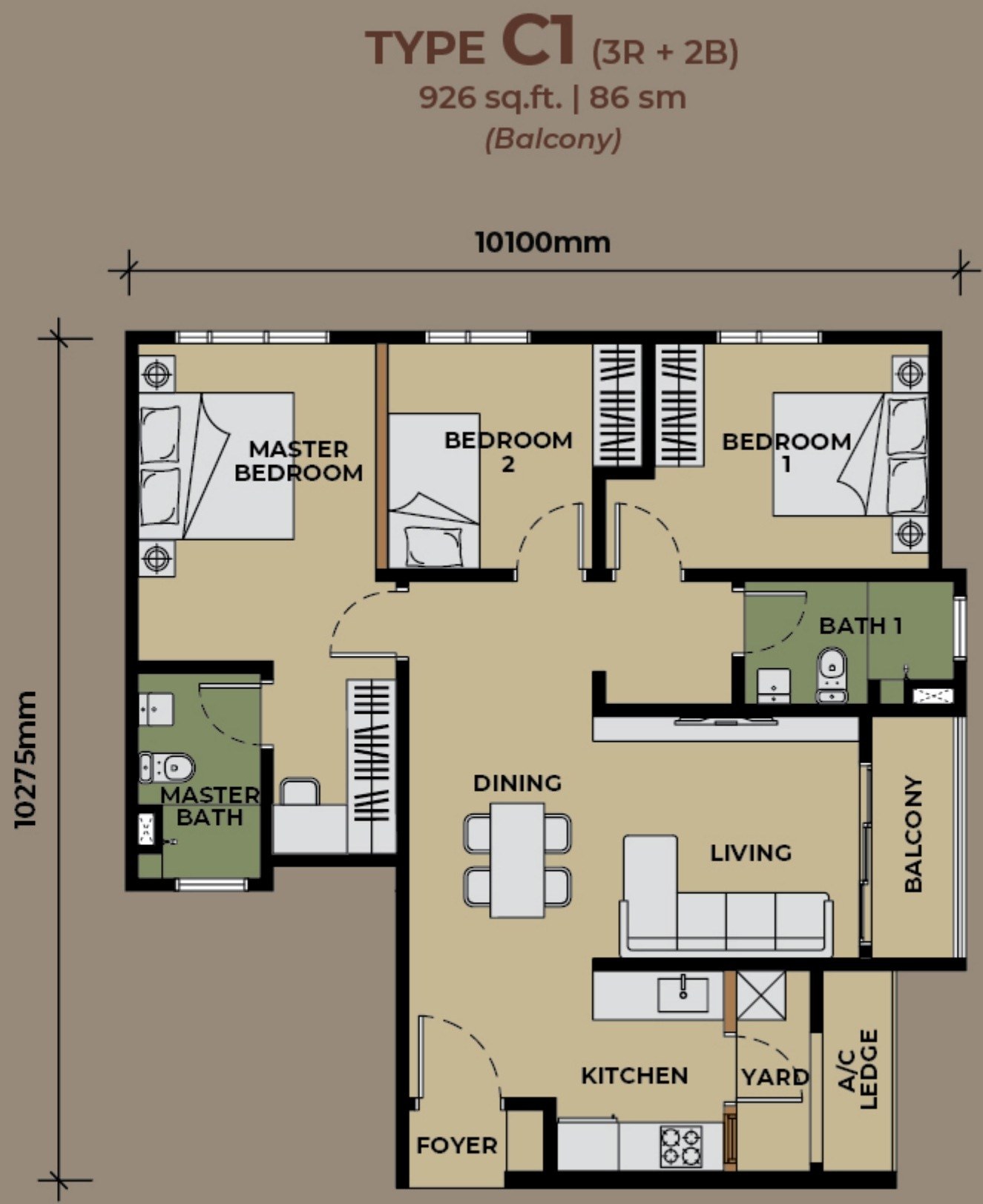 The Aldenz Damansara Perdana Type C1 926 sqft floor plan, 3 bedrooms 2 bathrooms with balcony