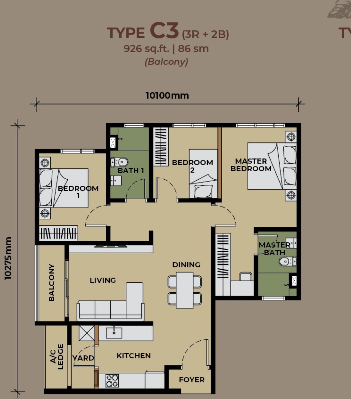 The Aldenz Damansara Perdana Type C3 926 sqft floor plan, 3 bedrooms 2 bathrooms with balcony