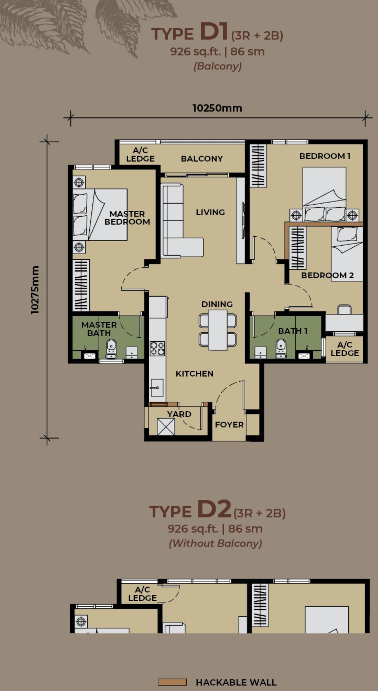 The Aldenz Damansara Perdana Type D1 926 sqft floor plan, 3 bedrooms 2 bathrooms with balcony