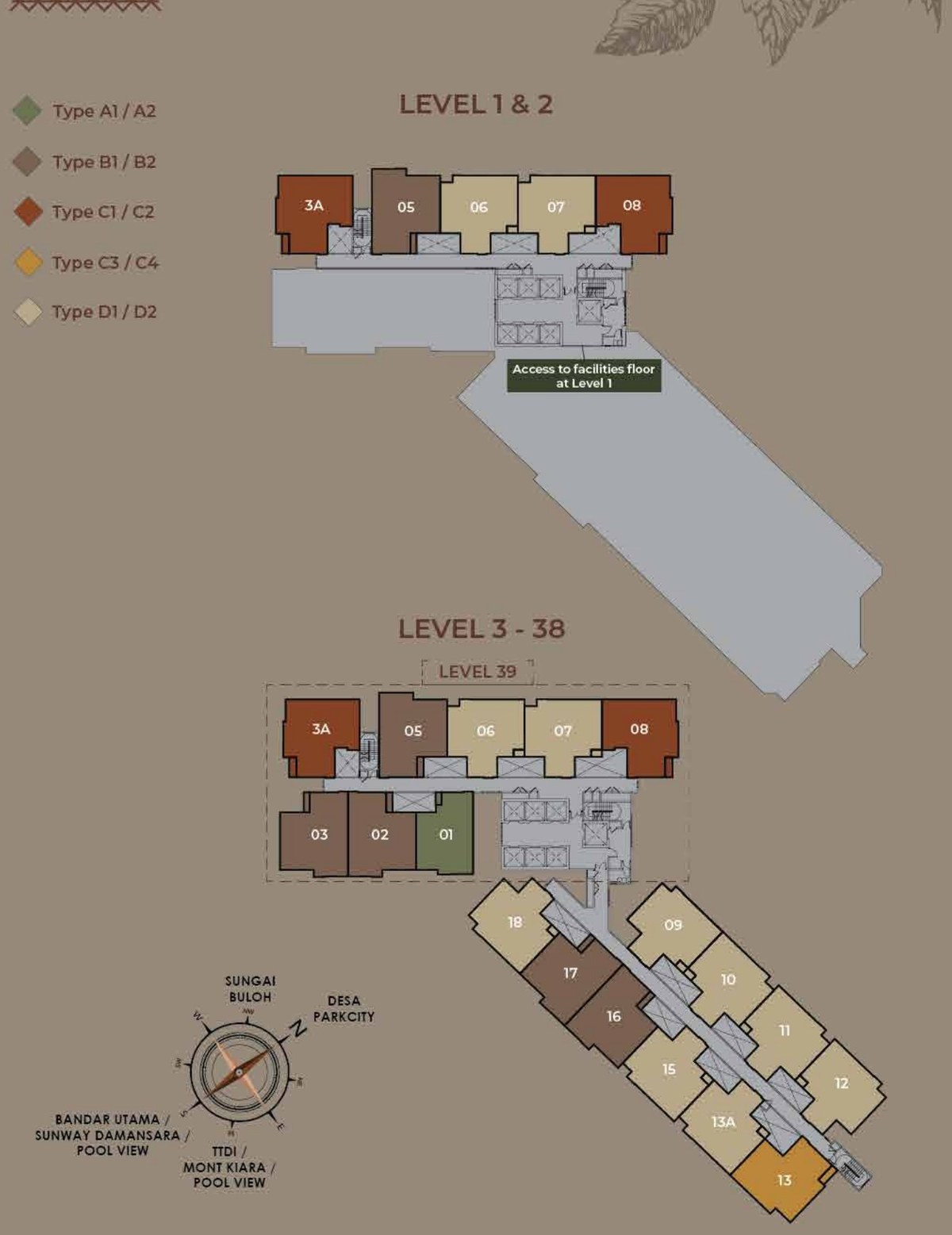 The Aldenz Damansara Perdana typical floor plate showing Type A, B, C and D unit positions on Levels 1 to 39