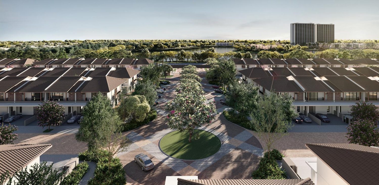 Aerial view of the lakefront link homes at Avalon Cybersouth