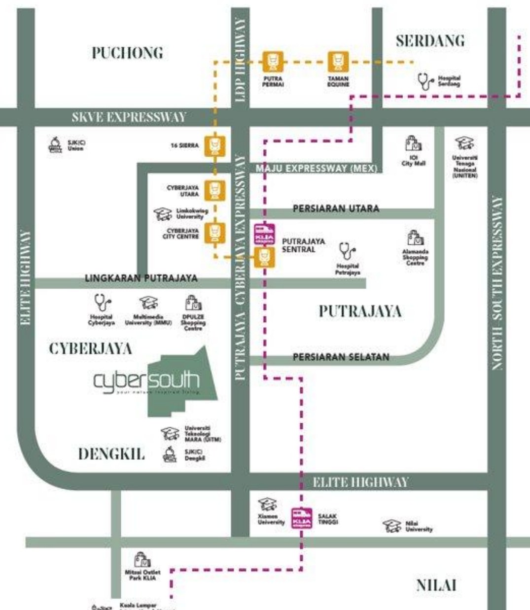 Location map showing Avalon Cybersouth in Dengkil with Cyberjaya, Putrajaya, Nilai and KLIA