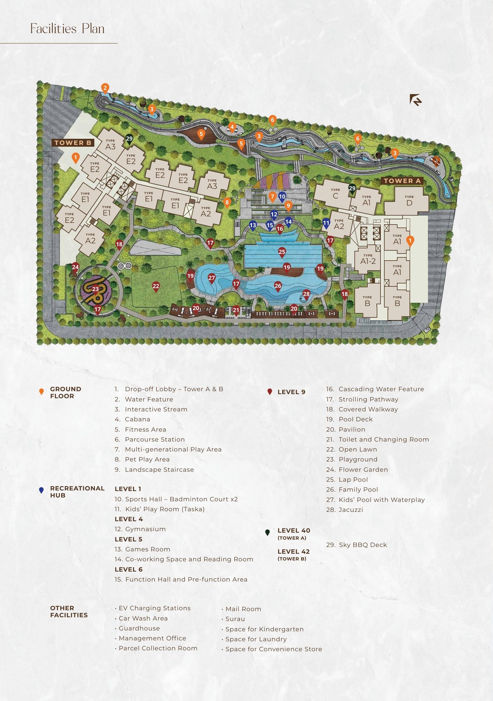 Ayanna Resort Residences facilities plan showing the recreational park, pools, sports hall and sky deck
