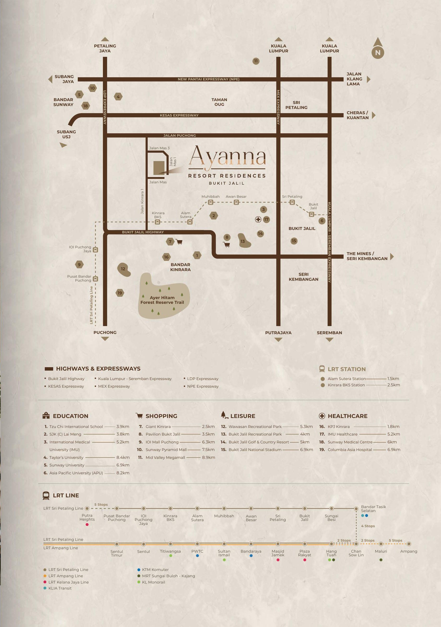 Ayanna Resort Residences location map showing Bukit Jalil Highway, the LRT line and surrounding amenities