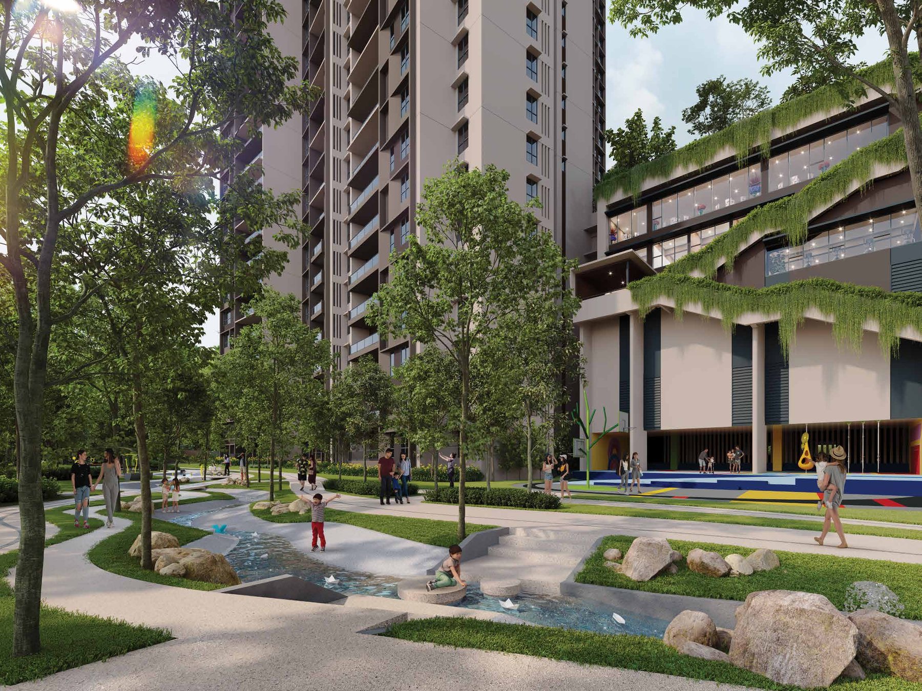 The 1.3-acre recreational park and interactive stream between the Ayanna towers