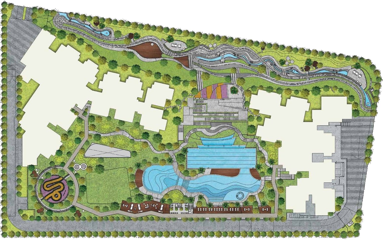 Ayanna Resort Residences site plan showing Tower A and Tower B either side of the 1.3-acre recreational park