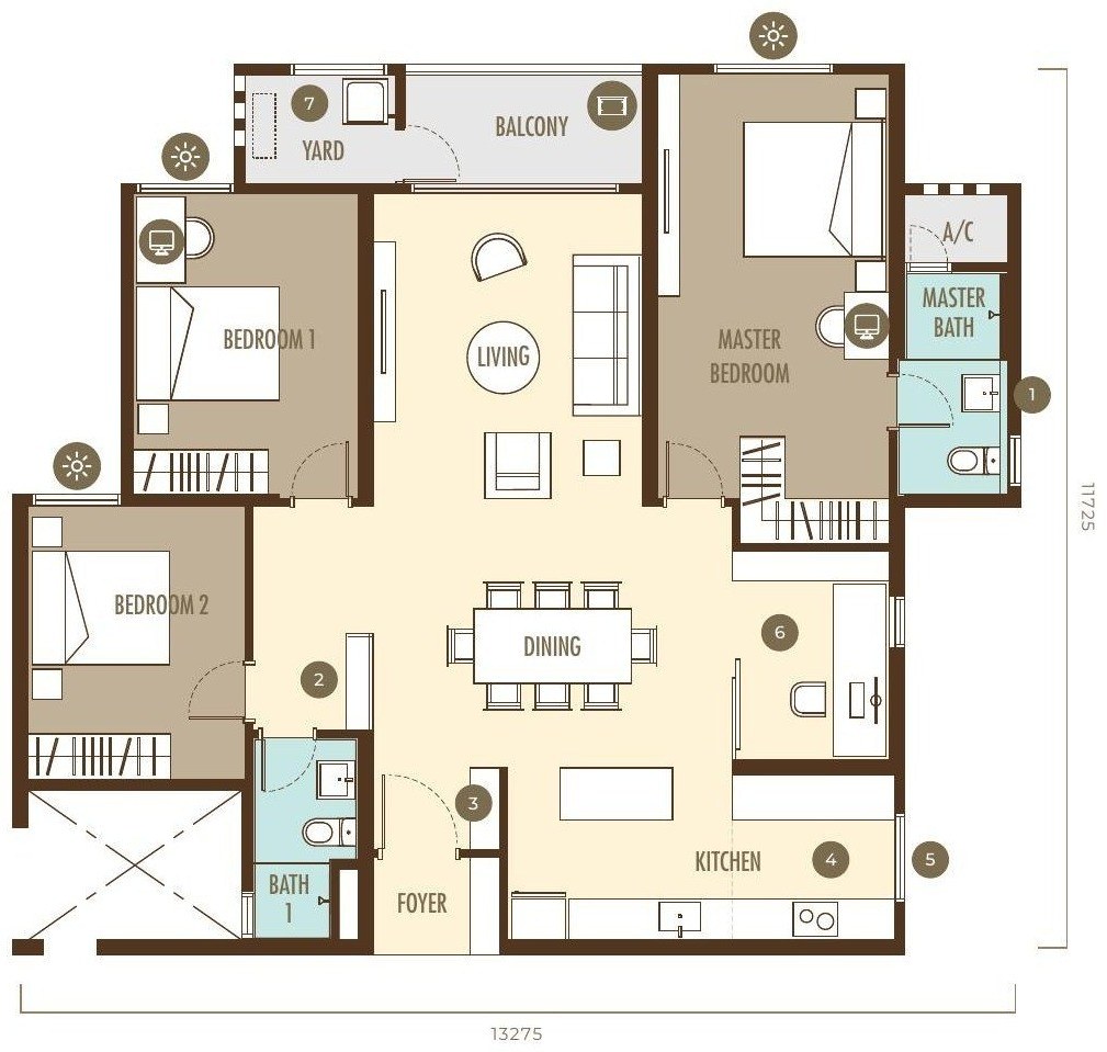 Ayanna Type A1 floor plan, 1,365 sq.ft., 3 plus 1 bedrooms and 2 bathrooms
