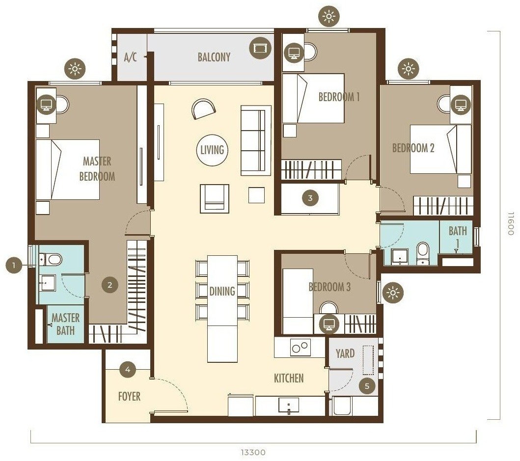Ayanna Type A2 floor plan, 1,384 sq.ft., 4 bedrooms and 2 bathrooms