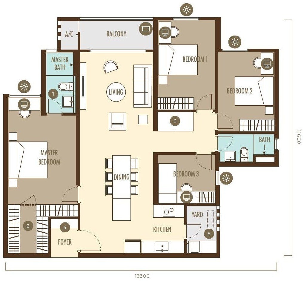 Ayanna Type A3 floor plan, 1,388 sq.ft., 4 bedrooms and 2 bathrooms