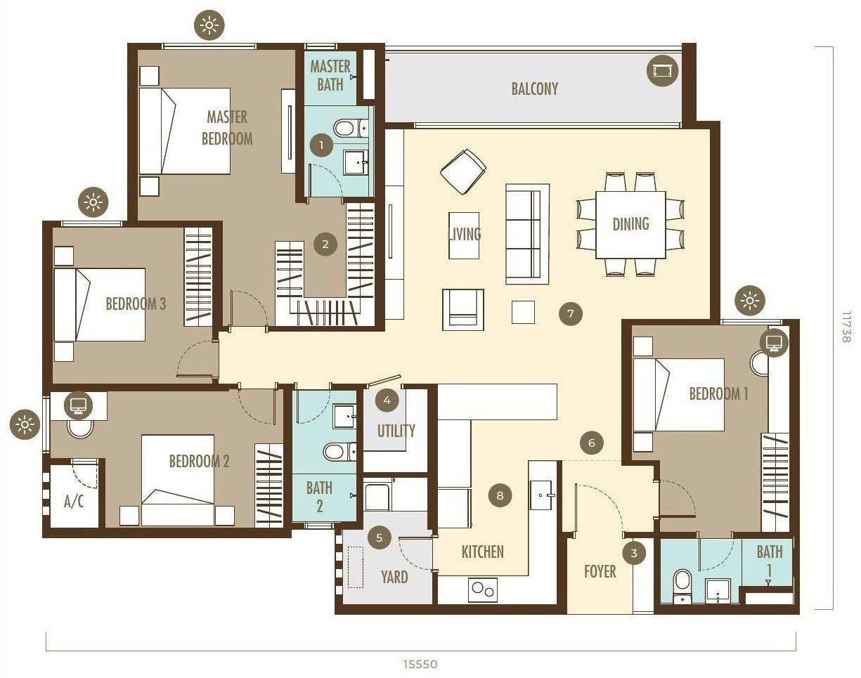 Ayanna Type B floor plan, 1,678 sq.ft., 4 plus 1 bedrooms and 3 bathrooms