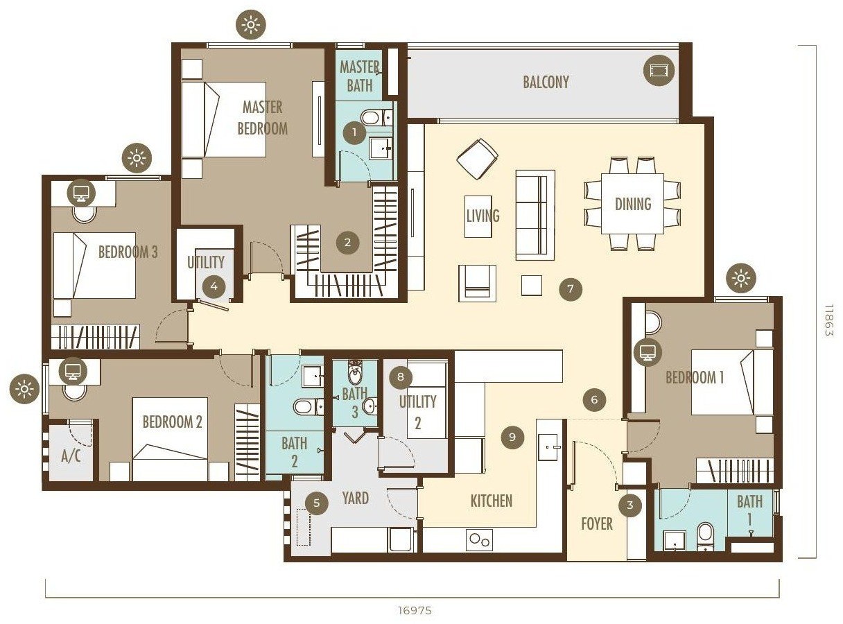 Ayanna Type C floor plan, 1,859 sq.ft., 4 plus 2 bedrooms and 3 plus 1 bathrooms