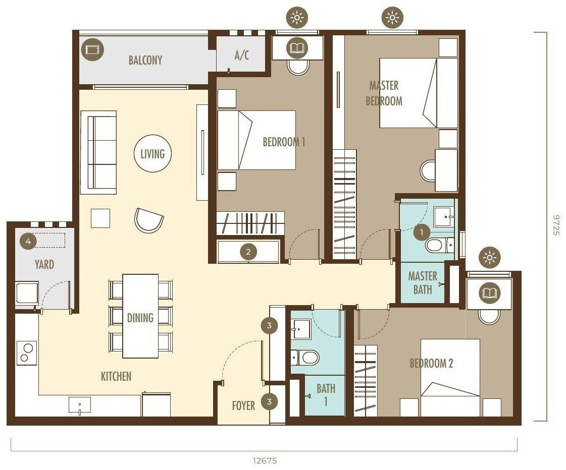 Ayanna Type E1 floor plan, 1,155 sq.ft., 3 bedrooms and 2 bathrooms