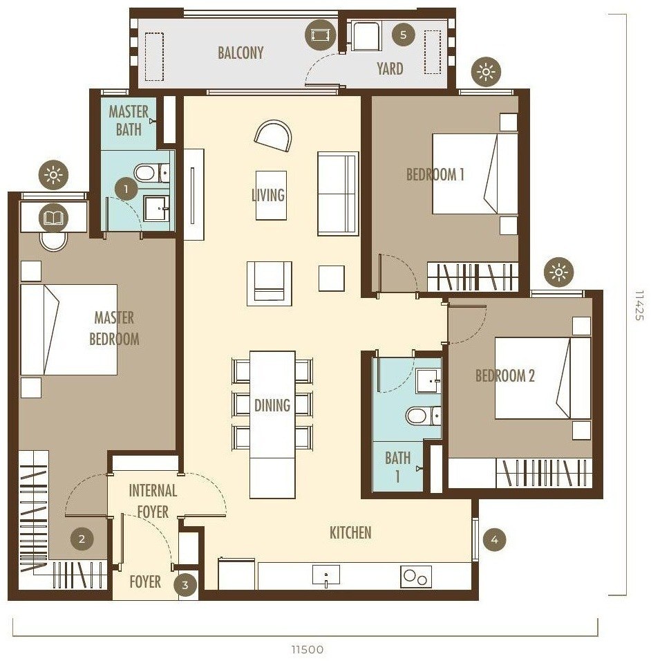 Ayanna Type E2 dual-key floor plan, 1,778 sq.ft., 3 bedrooms and 2 bathrooms
