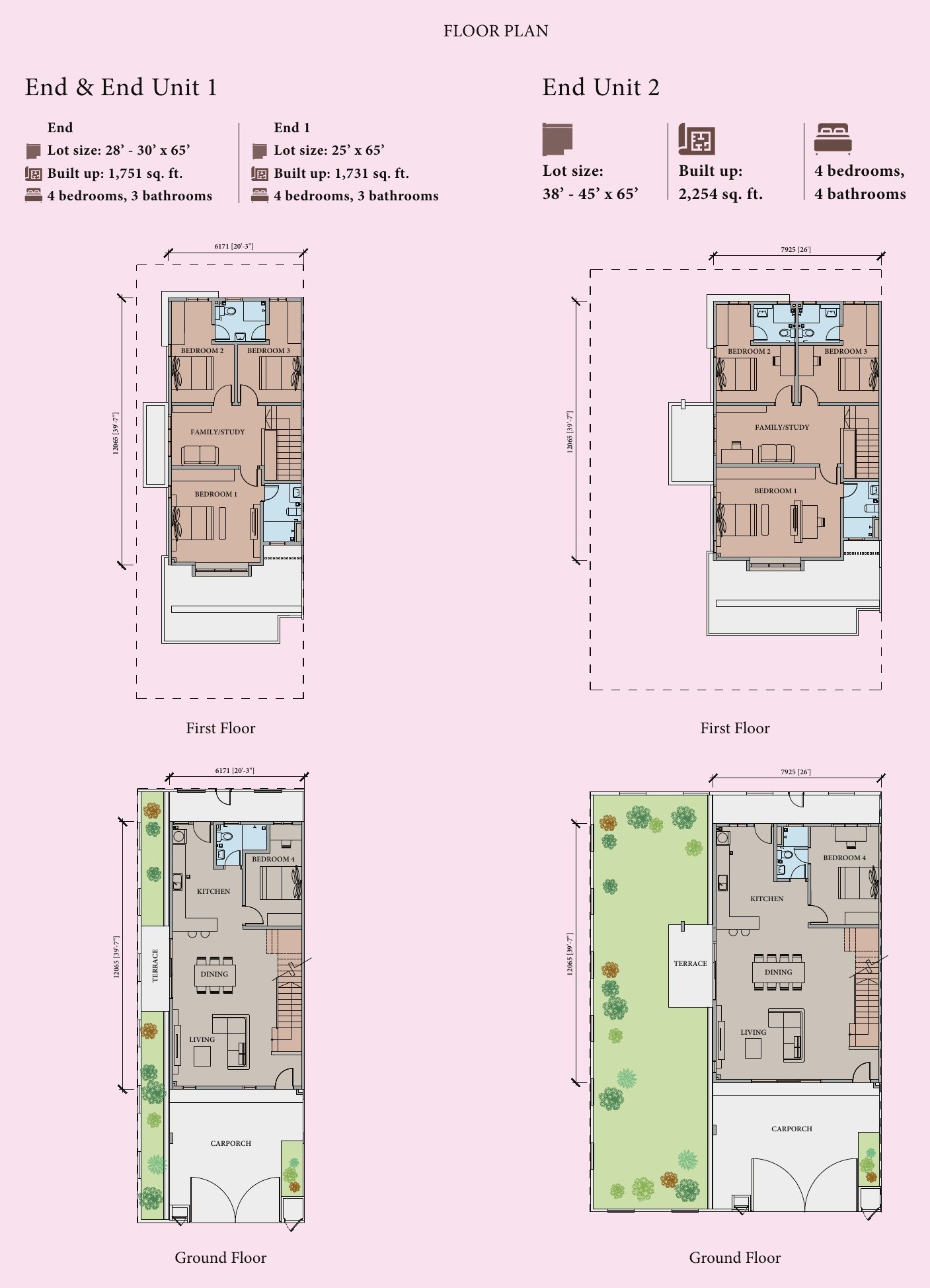Kamelia floor plans at Caledonia, intermediate and end units