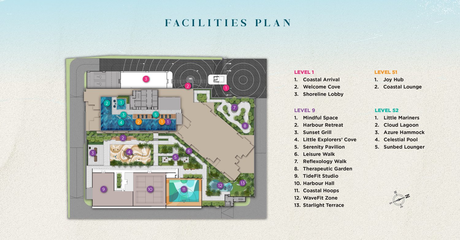 The facilities plan at The CapeHauz showing the Level 1, Level 9, Level 51 and Level 52 facilities