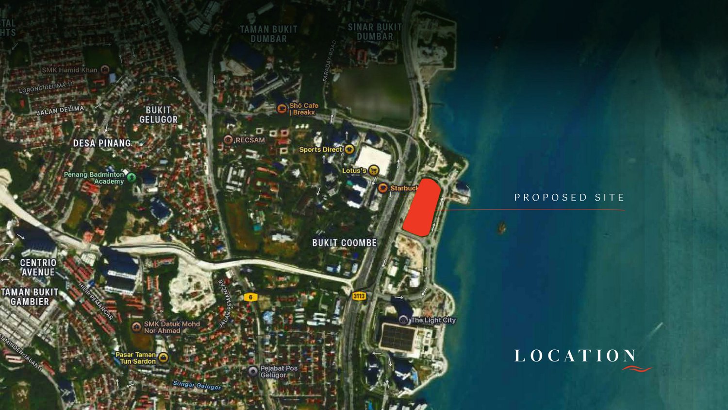 Location map showing The CapeHauz at Bukit Coombe, Gelugor, on the Penang waterfront