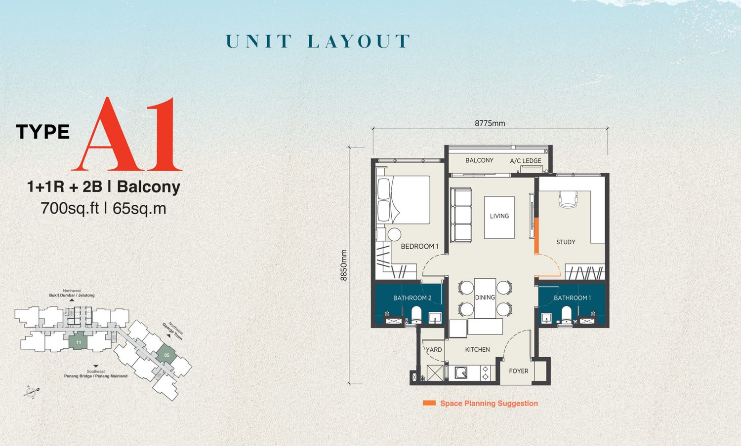 The CapeHauz Type A1 floor plan, 700 sq.ft. with one bedroom, a study and a balcony