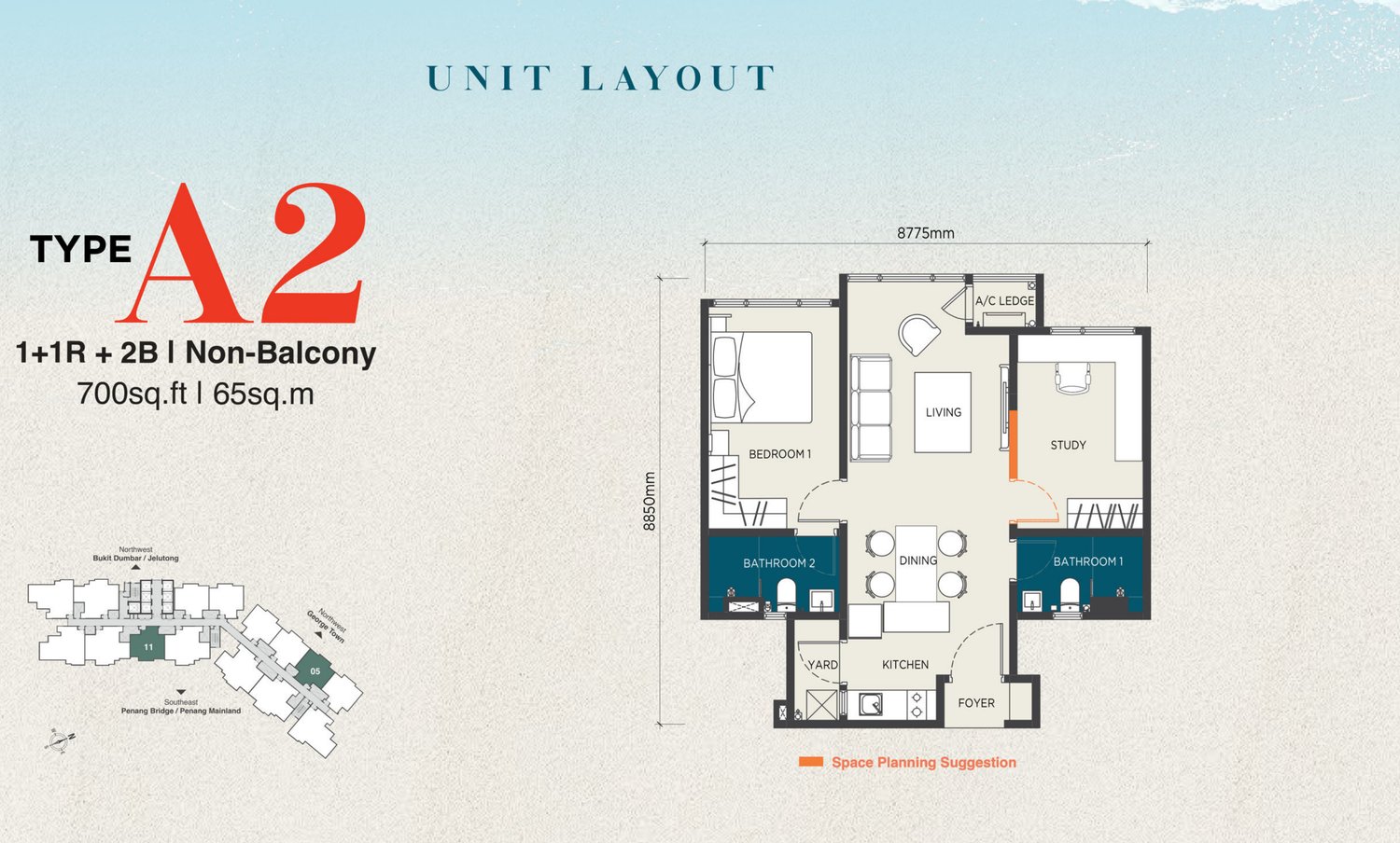 The CapeHauz Type A2 floor plan, 700 sq.ft. with one bedroom and a study, no balcony