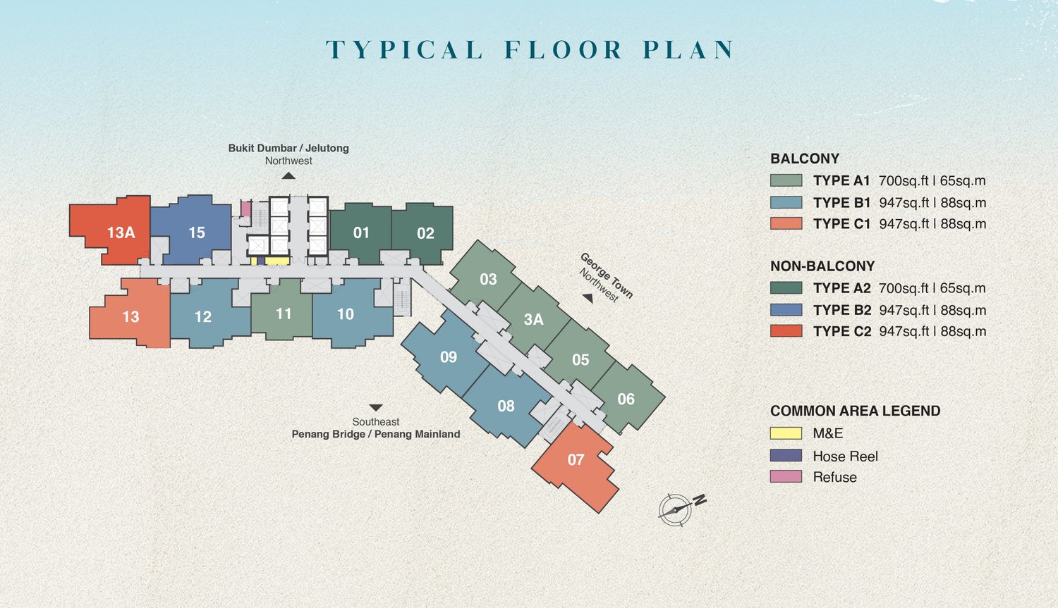 The CapeHauz typical floor plate showing the position and orientation of each unit type