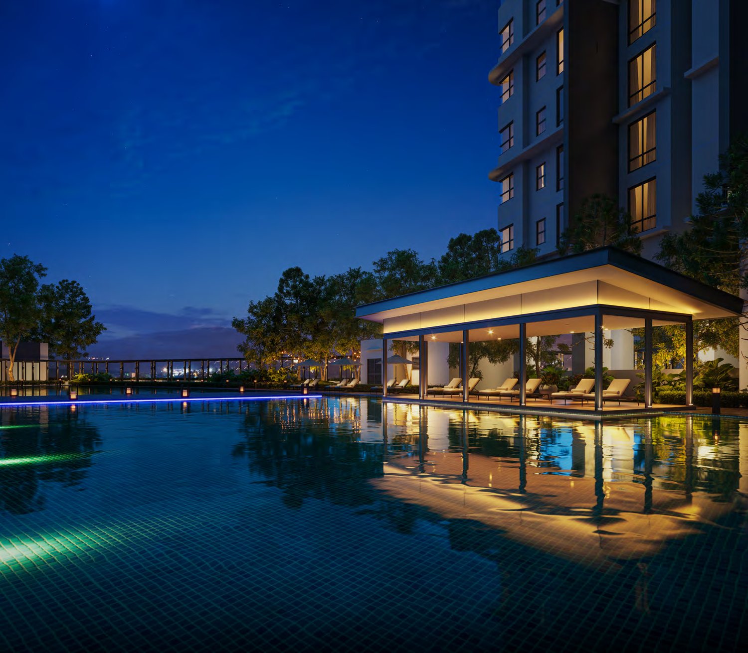 The pool pavilion at Cappella Embassy at dusk