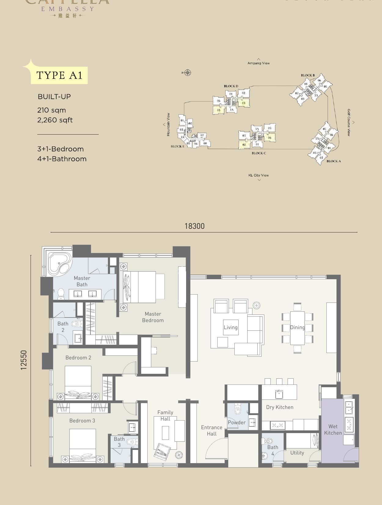 Cappella Embassy Type A1 floor plan, 2,260 sq.ft. with three-plus-one bedrooms