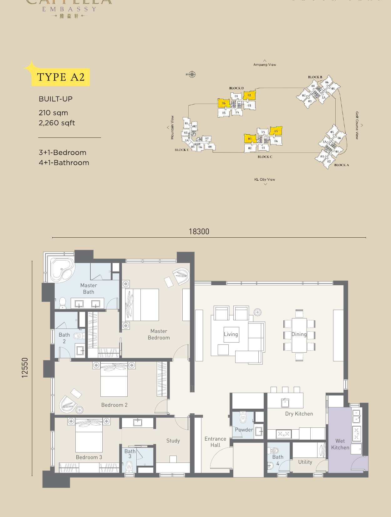 Cappella Embassy Type A2 floor plan, 2,260 sq.ft. with three-plus-one bedrooms