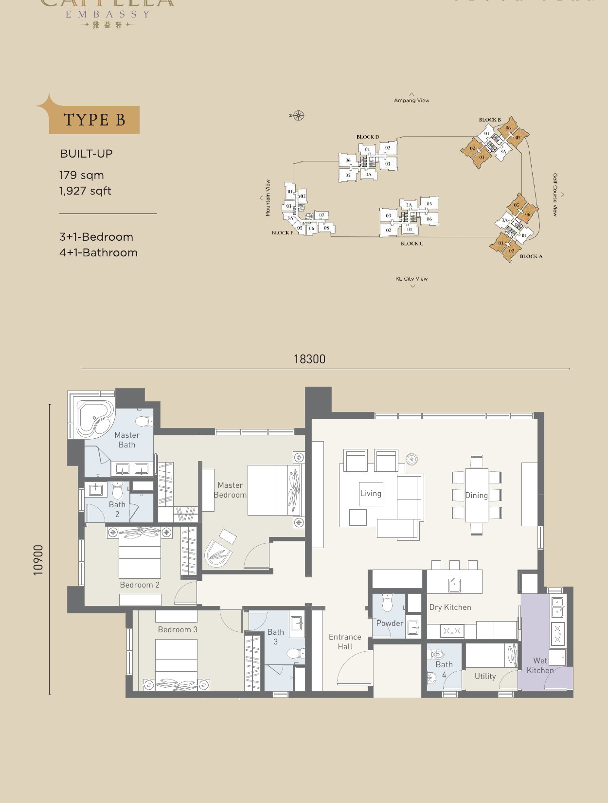 Cappella Embassy Type B floor plan, 1,927 sq.ft. with three-plus-one bedrooms