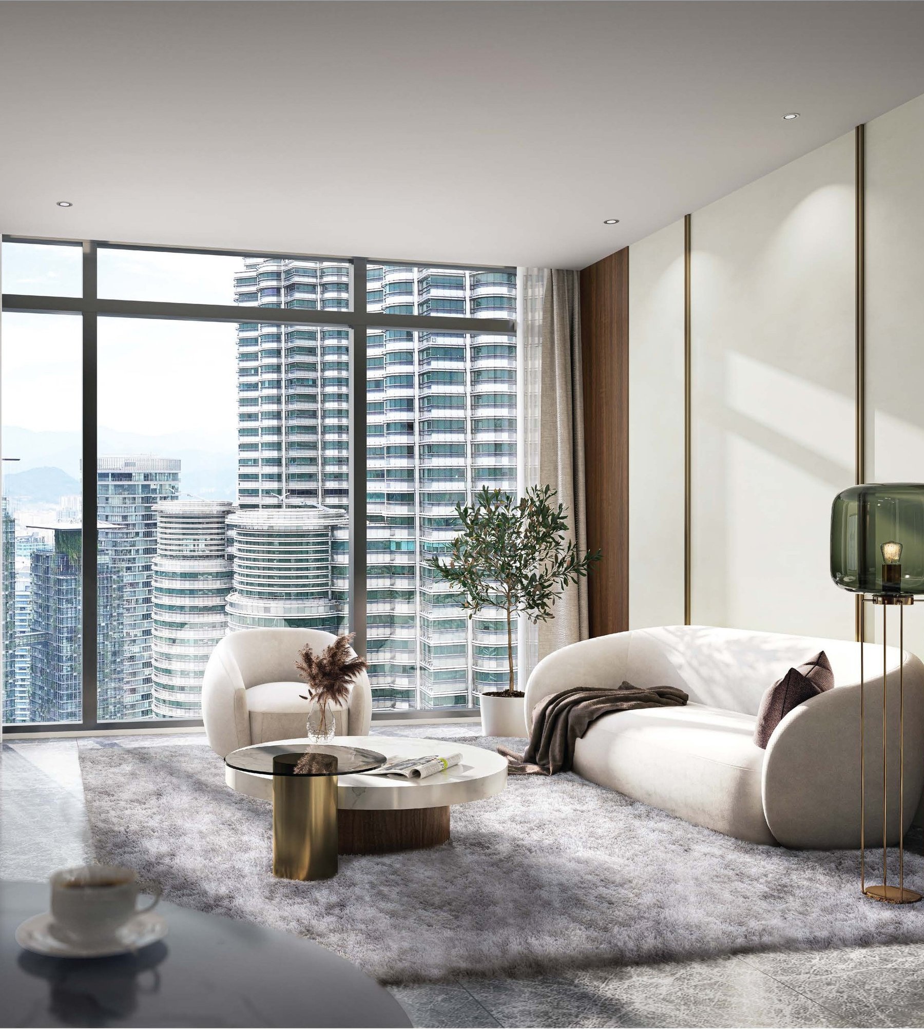 Living room at CloutHaus Residences with a KLCC outlook