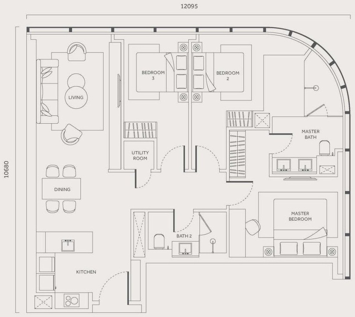 CloutHaus Residences Type A floor plan, 1,216 sq.ft., 3 bedrooms and 2 bathrooms