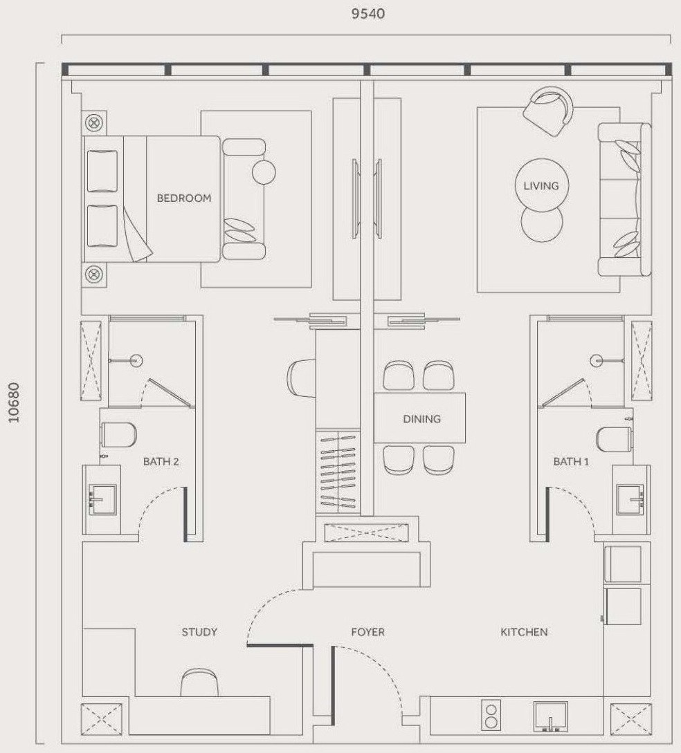 CloutHaus Residences Type B floor plan, 1,098 sq.ft., 1 bedroom and 2 bathrooms, dual key available