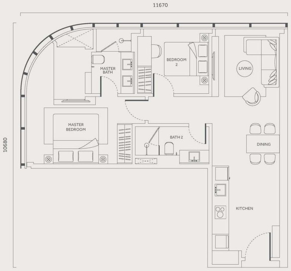 CloutHaus Residences Type G floor plan, 904 sq.ft., 2 bedrooms and 2 bathrooms with curved facade