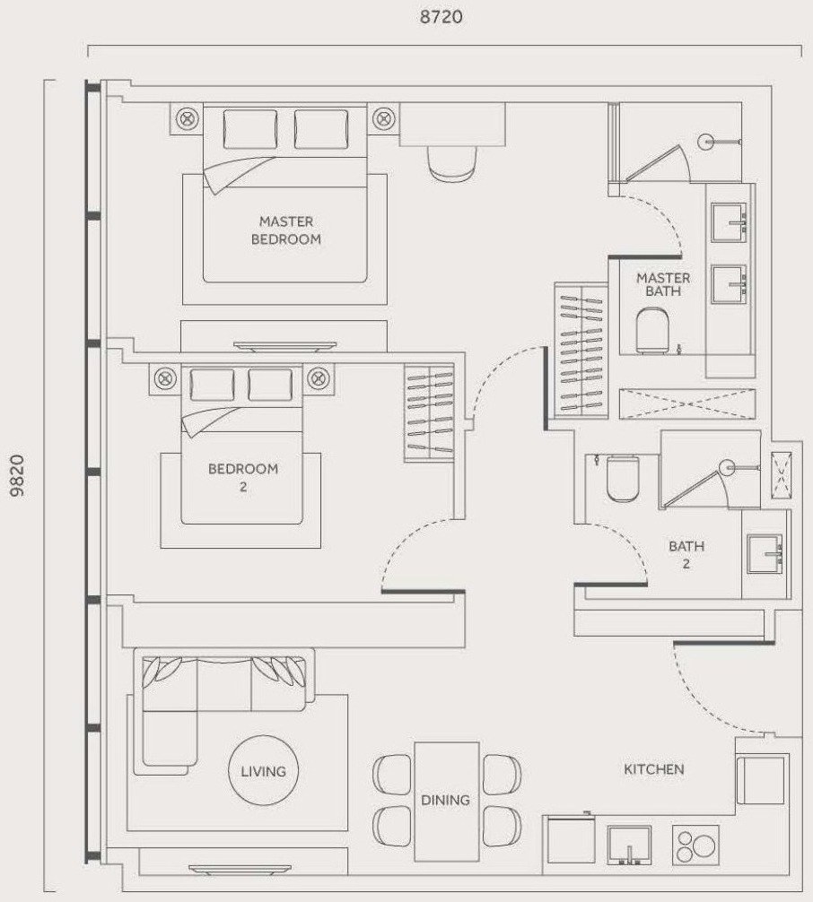 CloutHaus Residences Type H floor plan, 904 sq.ft., 2 bedrooms and 2 bathrooms