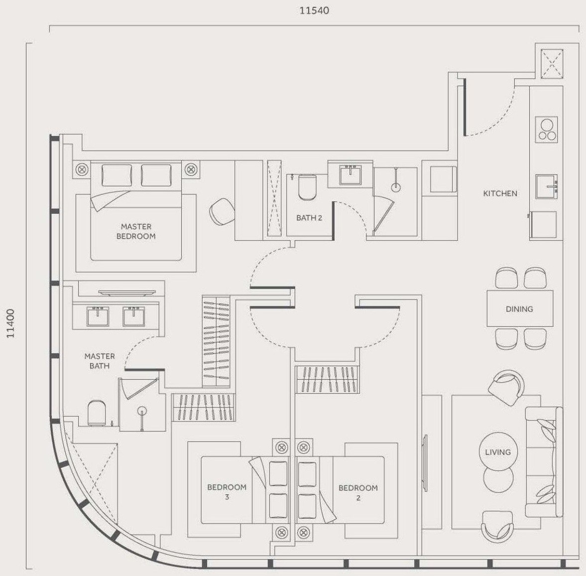 CloutHaus Residences Type I floor plan, 1,119 sq.ft., 3 bedrooms and 2 bathrooms on the curve