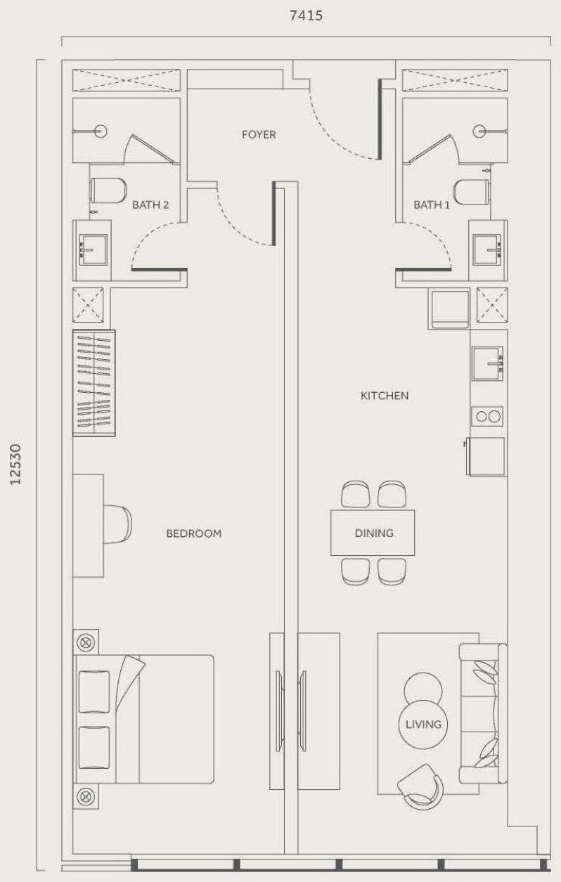 CloutHaus Residences Type J floor plan, 1,001 sq.ft., 1 bedroom and 2 bathrooms, dual key available