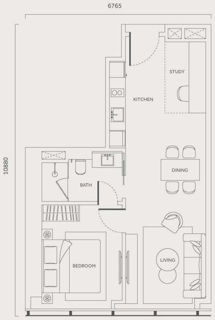 CloutHaus Residences Type K floor plan, 635 sq.ft., 1 bedroom and 1 bathroom with study