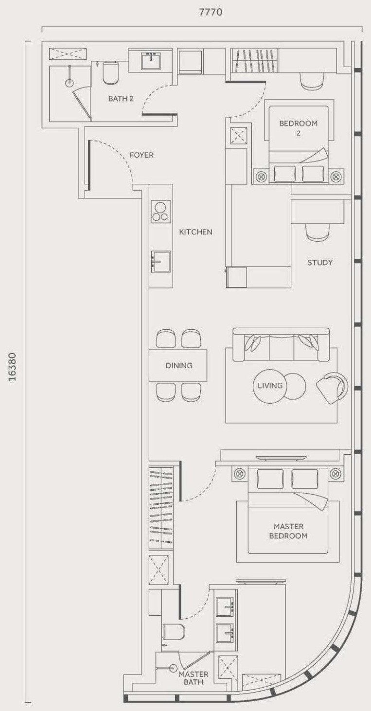 CloutHaus Residences Type L floor plan, 980 sq.ft., 2 bedrooms and 2 bathrooms with study