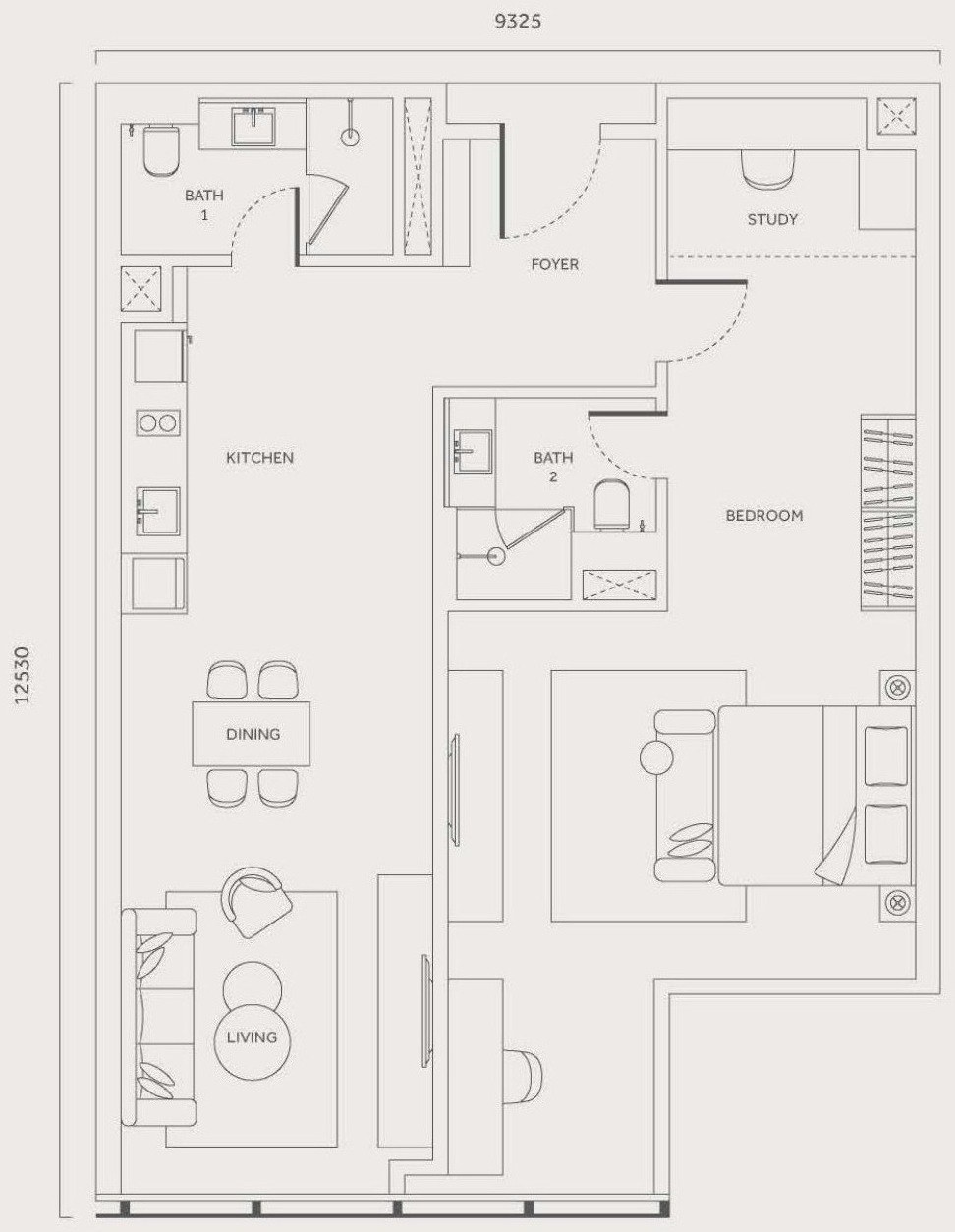 CloutHaus Residences Type M floor plan, 1,173 sq.ft., 1 bedroom and 2 bathrooms with study