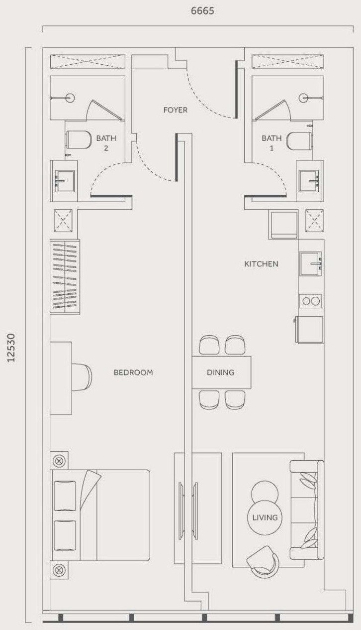 CloutHaus Residences Type N floor plan, 893 sq.ft., 1 bedroom and 2 bathrooms