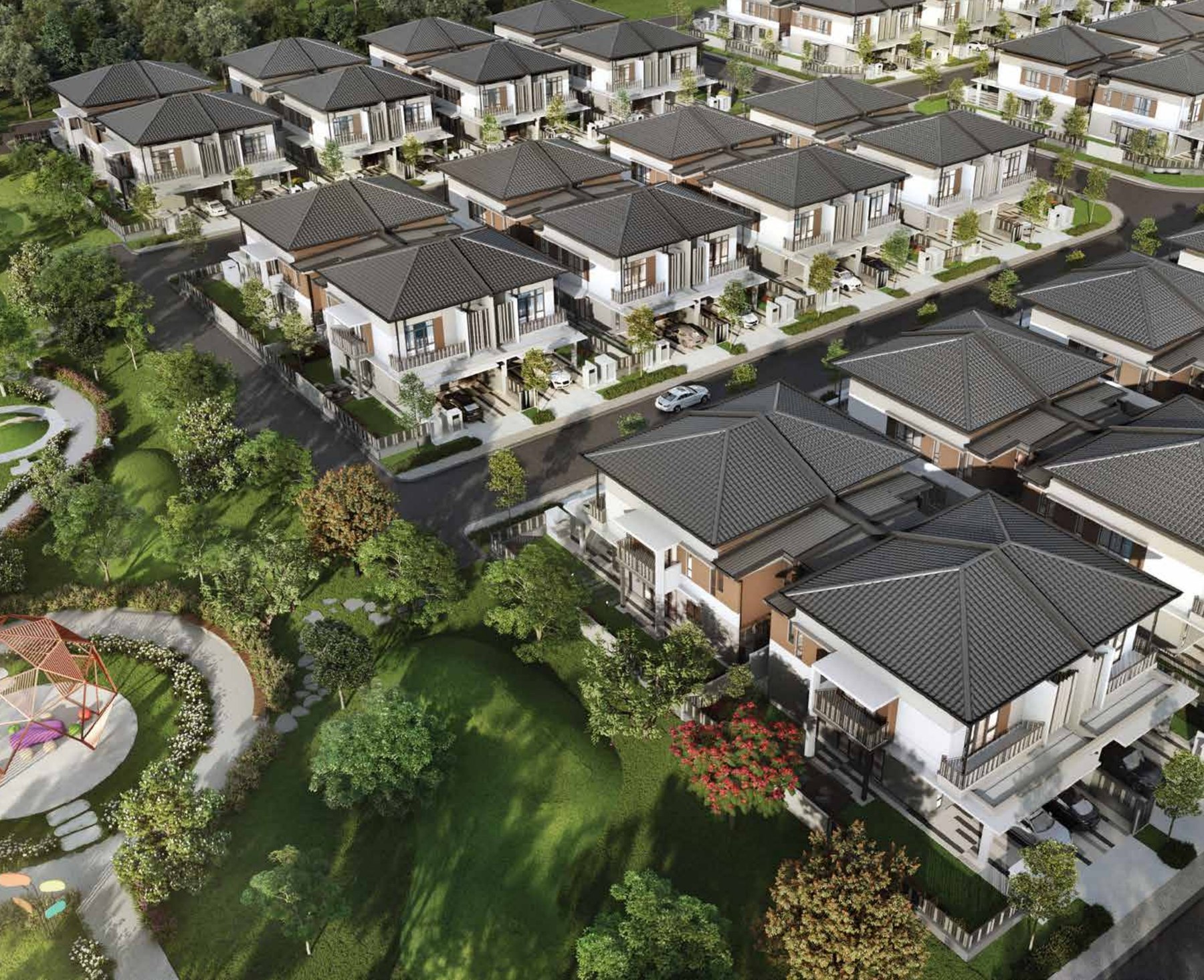 Aerial view of the landed homes and park at Bandar Seri Coalfields